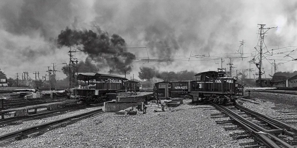 Prompt: detailed sharp photograph in the style of popular science circa 1 9 5 5 and gregory crewdson of a 1 9 5 0 s railroad crossing cars waiting as black steam locomotive crossing