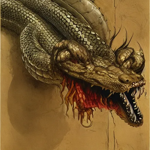 Image similar to coiled rattlesnake neck eyes fangs serpent serpent python wearing a lion lion costume chris cold j.m.w. turner greg rutkowski giorgio de chirico ralph steadman arsen savadov dan witz uta natsume aquatint