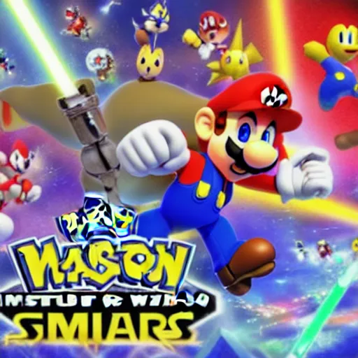 Image similar to super mario, kirby, sonic the hedgehog, super smash bros, star wars themed movie poster high detail accurate eyes and good gesture poses, pokemon anime cartoon style