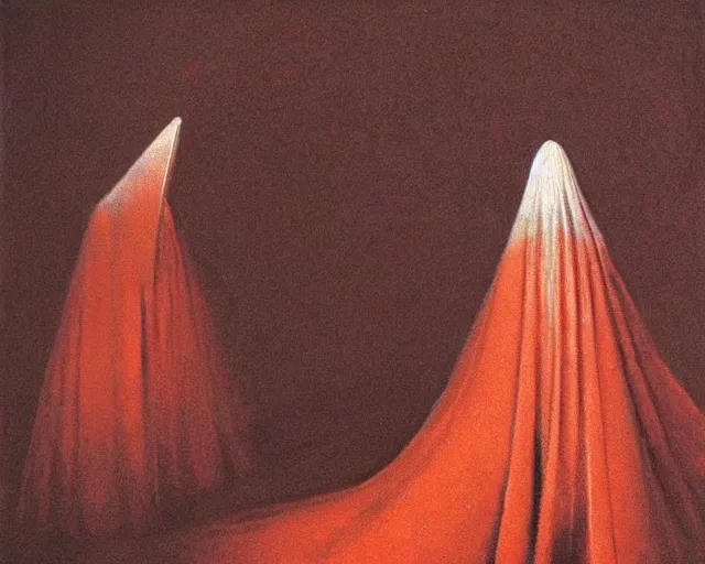 Image similar to by francis bacon, beksinski, mystical redscale photography evocative. devotion to the scarlet!!! woman!!!, priestess in a conical!!! hat, coronation, ritual, sacrament