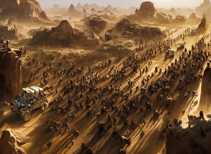 Image similar to overhead view of a the big large expedition with a very crowd of adventurers being brought by gigantic mammals carrying stuff towards the desert of duhnes medium shot, key art by craig mullins, bloom, dramatic lighting, cinematic, high details