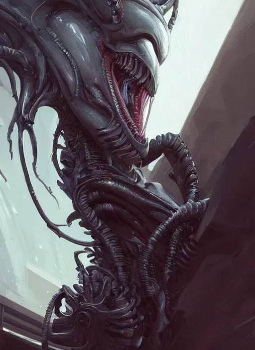 Prompt: a digital painting of a xenomorph, by netter, muscular, deadly, style from greg rutkowski, beautiful eyes, long hair, full frame, oil painting, featured on artstation, concept art, smooth, sharp focus, illustration, very detailed, ambient lighting, unreal engine render, concept art by Atey Ghailan, by Loish, by Bryan Lee O'Malley