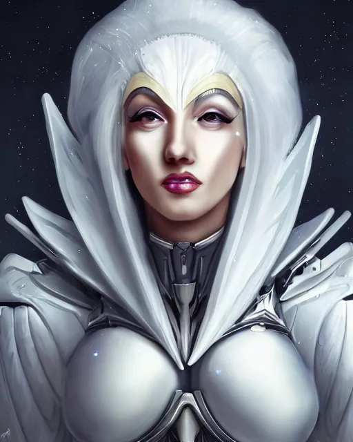 Image similar to perfect white haired attractive egyptian goddess with huge white dove wings, warframe armor, beautiful, symmetric, marilyn monroe, half asian, pretty face, blue eyes, detailed, scifi platform, laboratory, experiment, 4 k, ultra realistic, epic lighting, android body, illuminated, cinematic, masterpiece, art by akihito tsukushi, voidstar