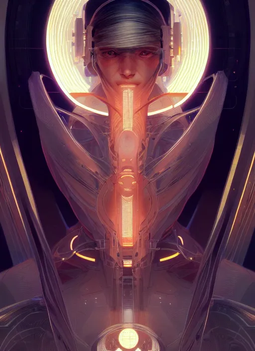 Image similar to symmetry!! portrait of old wizard, sci - fi, tech wear, glowing lights!! intricate, elegant, highly detailed, digital painting, artstation, concept art, smooth, sharp focus, illustration, art by artgerm and greg rutkowski and alphonse mucha