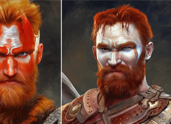 Image similar to a highly detailed beautiful portrait of conan o'brien as kratos, by gregory manchess, james gurney, james jean