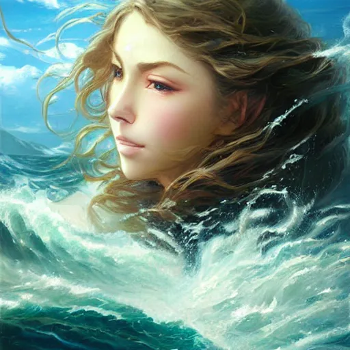 Image similar to portrait of beautiful woman in big waves at sea, long hair blowing in the wind, an oil painting by ross tran and thomas kincade, studio ghibli