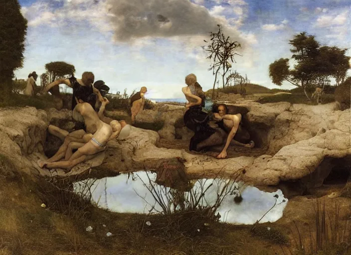 Image similar to looking into rocking hole in the ground. 2 0'down a tranquil pond and a sandy beach are visible. edgar maxence and caravaggio and michael whelan and delacroix style, artistic, intricate painting, cinematic lighting, hyper realistic, extremely detailed, vivid colors, establishing shot, dramatic lighting