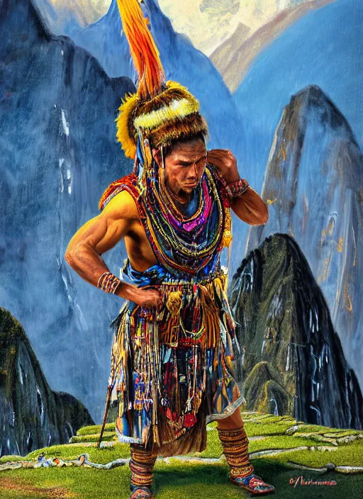 Image similar to a painting of an incan shaman doing a prayer to the sun on the machu picchu with arms up,, matte painting, fantasy art, hyper detailed, concept art