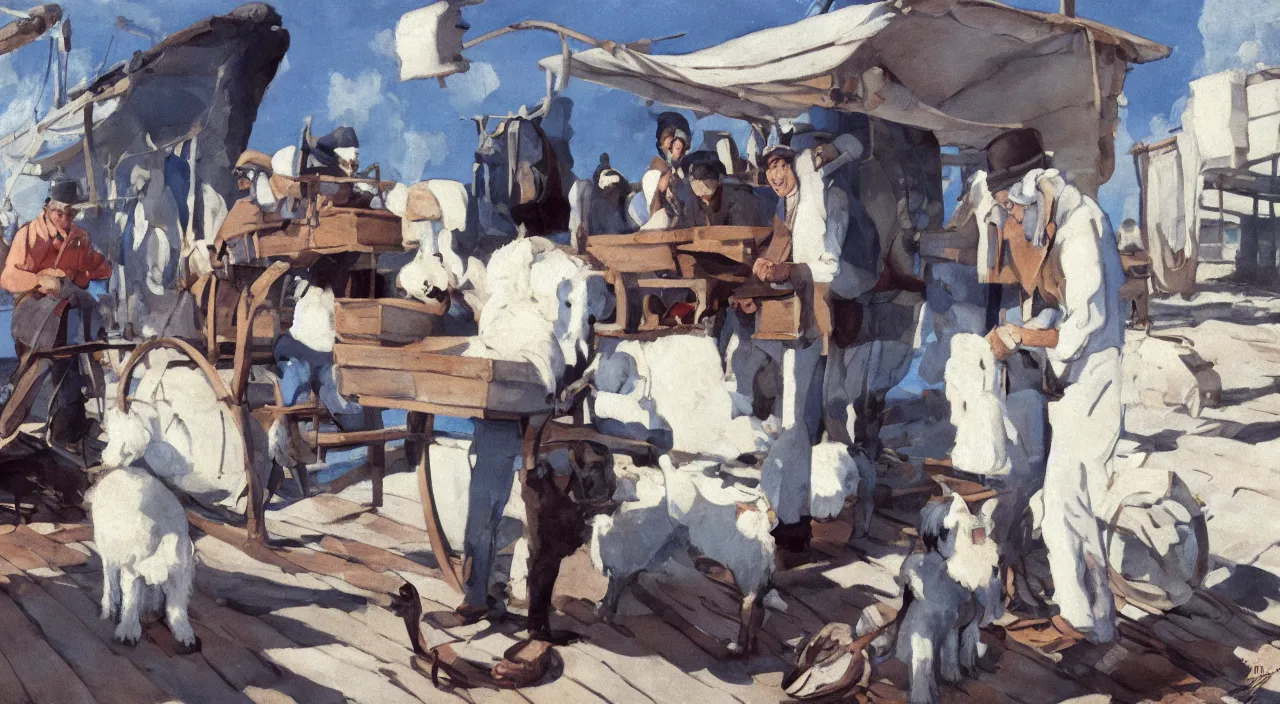 Image similar to ernest shackleton in a crisp white linen shirt and slacks, loading a cart with sausages and hams, havanese dogs running around the cart, cuba, 1 9 0 0, genndy tartakovsky, atey ghailan, goro fujita, studio ghibli, rim light, late morning lighting, clear focus, very coherent