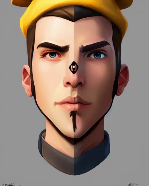 Prompt: overwatch concept art character portrait of a new character who is a young blonde man with a beret with stubble face and long nose and gaunt cheeks, trending on artstation, cgsociety,