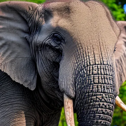 Image similar to a detailed, close - up photograph of an elephant with tiger skin