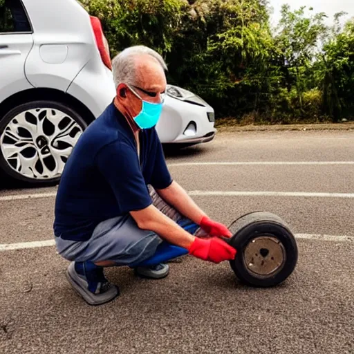 Prompt: 6 0 year old man wearing face mask and socks on his hand, changing the tire of a kia picanto, afternoon