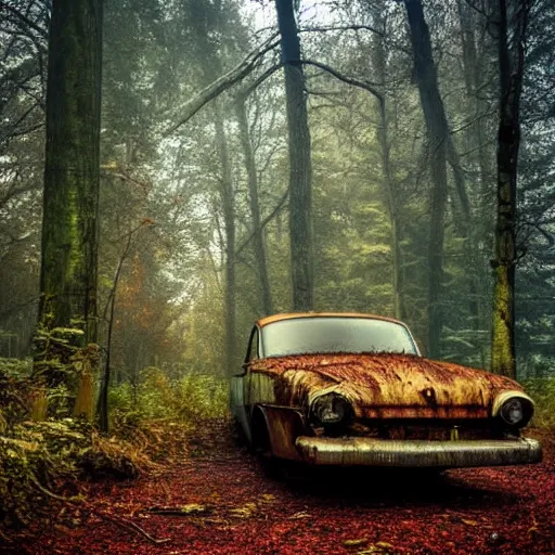 Prompt: a rusted old abandoned car in an eerie forest, sunlight seeping in through the trees