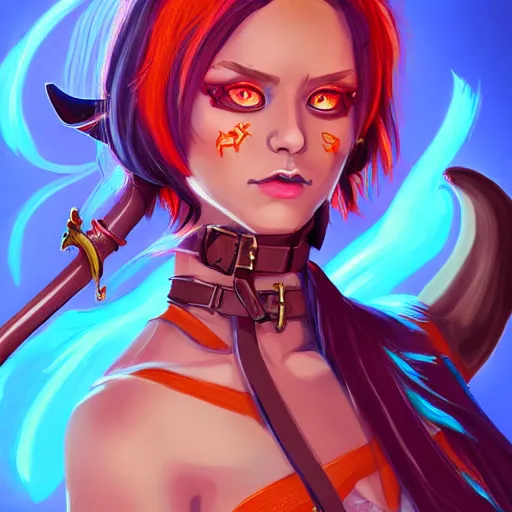 Image similar to illustrated portrait of youthful female feminine horned tiefling female bard with long blue bob cut hairstyle, her skin is orange and tanned, and her eyes are pure black orbs, and she is wearing colorful leather armor by rossdraws,