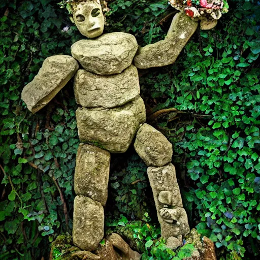 Image similar to stone golem covered with flowers and ivy in an enchanted forest, by simon cowell