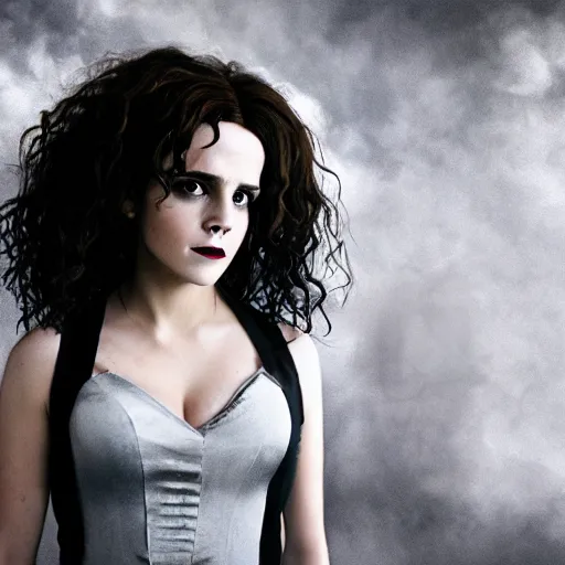 Prompt: Bellatrix Lestrange cosplay by Emma Watson, 8k, professional photography, cinematic studio shot, dark, smoke