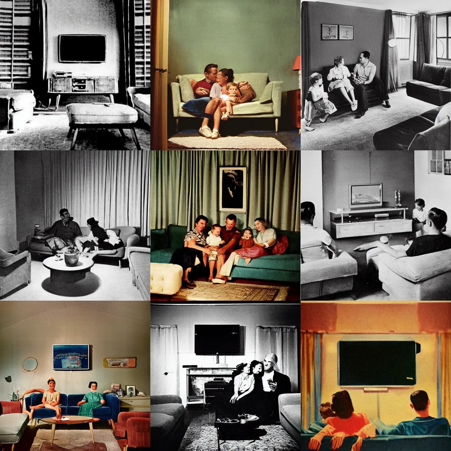 Prompt: “ a dimly lit 1 9 5 0 s interior, a family sits on the couch watching tv, we see the tv over their shoulders ”