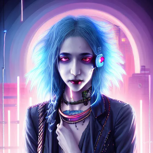 Image similar to a portrait of vampire of clan banu haqim, light brown skin, night, long light blue hair, cyberpunk city, neon signs, bangles an ultrafine detailed painting by ayami kojima, cgsociety, fantasy, anime digital art, lovecraftian, cosmic horror, detailed painting