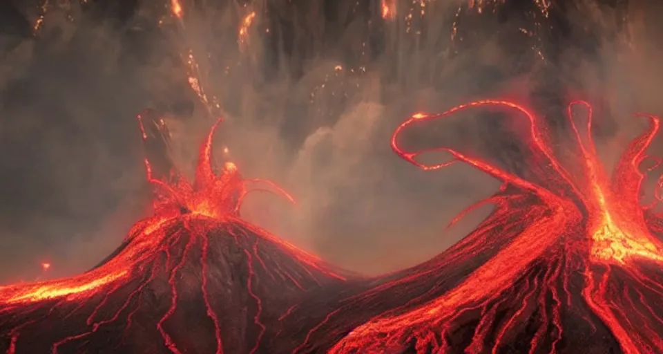 Image similar to a volcano made of ivory vines and crimson rocks enters in eruption, it spits a smoke in the shape of demonic eye, from FF7