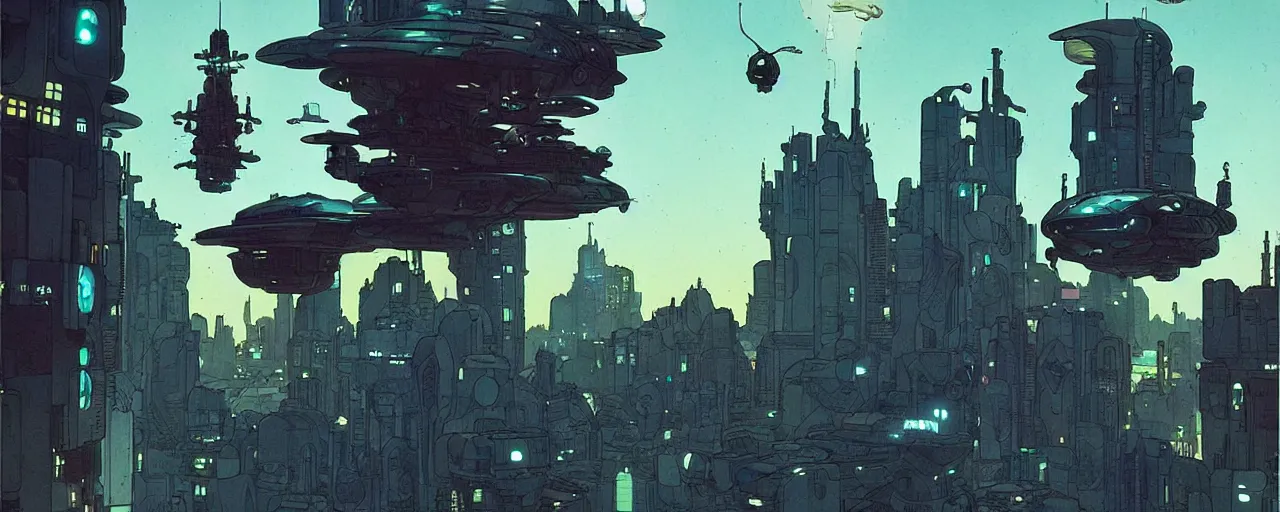 Image similar to a large whimsical spaceship floating above a cyberpunk city, by Mike Mignola, Robbie Trevino, ellen jewett, Yoji Shinkawa