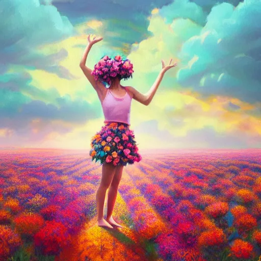 Image similar to head made of giant flowers, girl dancing barefoot in a vast flower field, arms behind back, surreal photography, sunrise dramatic light, impressionist painting, colorful clouds, large sky, digital painting, artstation, simon stalenhag, flower face