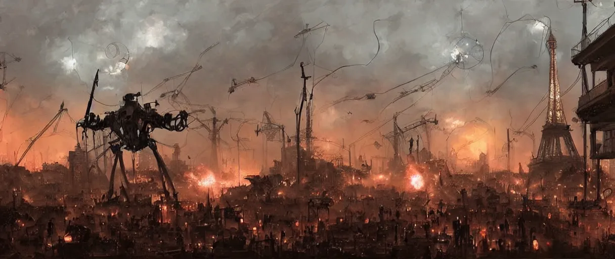 Image similar to war of the worlds, giant mech attack paris, human soldiers, intense fighting, glowing lights!! digital painting, very detailed, art by jakub rozalski