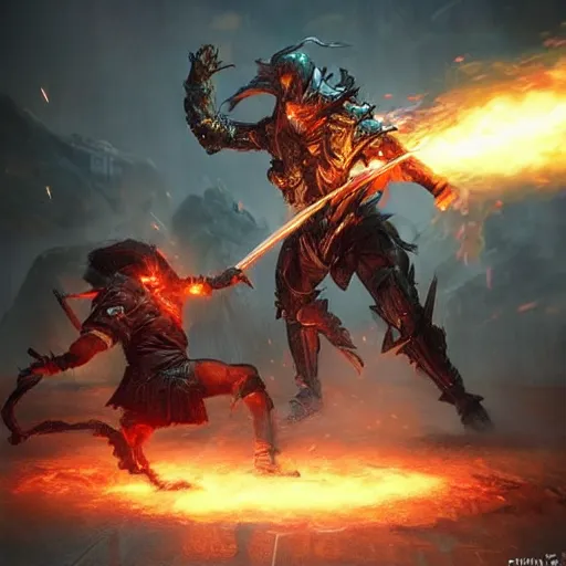 Prompt: pyrokinetic wizards sparring with fireballs. digital art. chris rahn. ruan jia. bussiere. detailed. photo realistic. unreal engine. trending on artstation. award winning artwork.