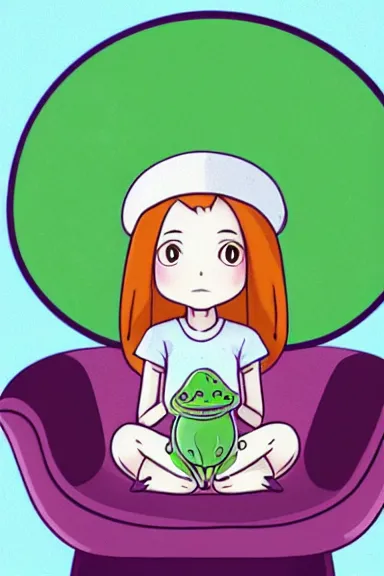 Image similar to a beautiful little girl wearing a mushroom hat sitting on her bed petting a frog in her lap | | purple hair, pretty face, sharped details, in yokai watch art style, trending on pixiv, anatomically correct