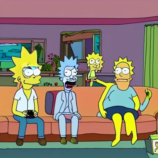 Image similar to Rick & Morty starring in the simpsons couch-gag