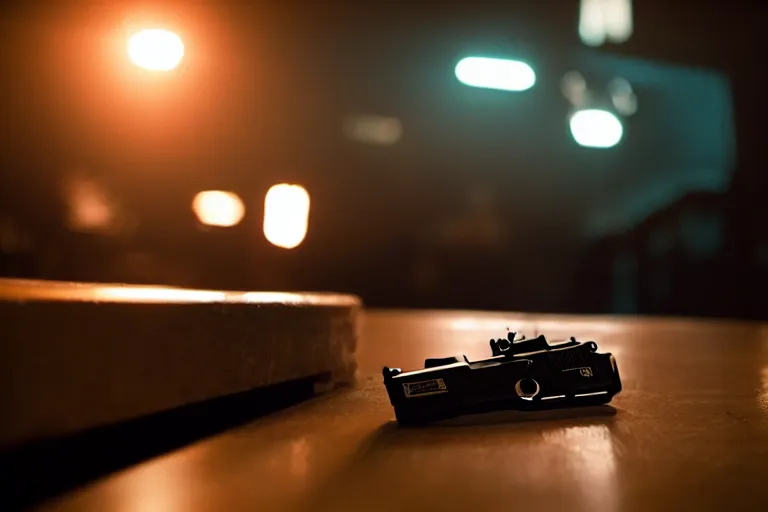 Image similar to film still of closeup pistol taped under table, cinematic, moody, gritty neon noir by emmanuel lubezki