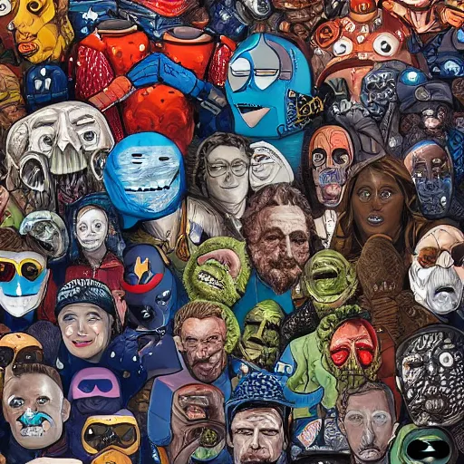 Image similar to group of heros and monsters by the edge of the ocean, by eleanor davis, missing faces filled with outer space realistic, hyperdetailed, 8 k resolution