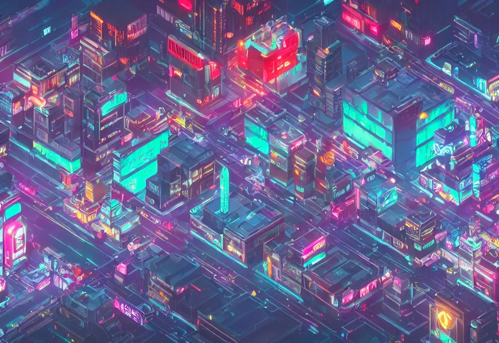 Prompt: a cyberpunk city scape in isometric style, at night with neon lights and advertisements, 4k, deviantart, unreal engine, trending on artstation