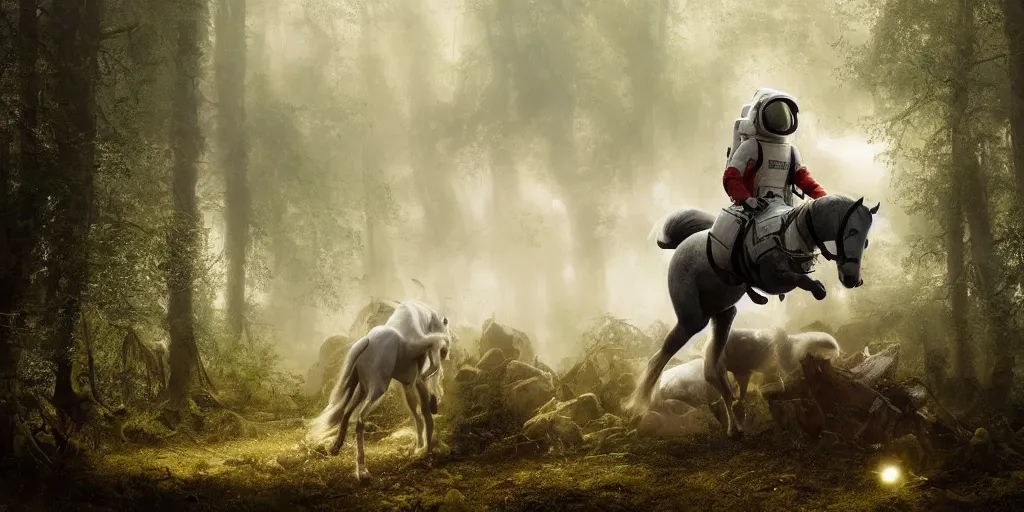 Image similar to an astronaut riding on the back of a white horse through a forest, a detailed matte painting by frieke janssens, featured on cgsociety, fantasy art, matte painting, reimagined by industrial light and magic, matte drawing