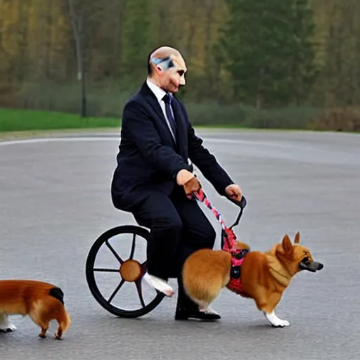 Prompt: vladimir putin riding a corgi dog