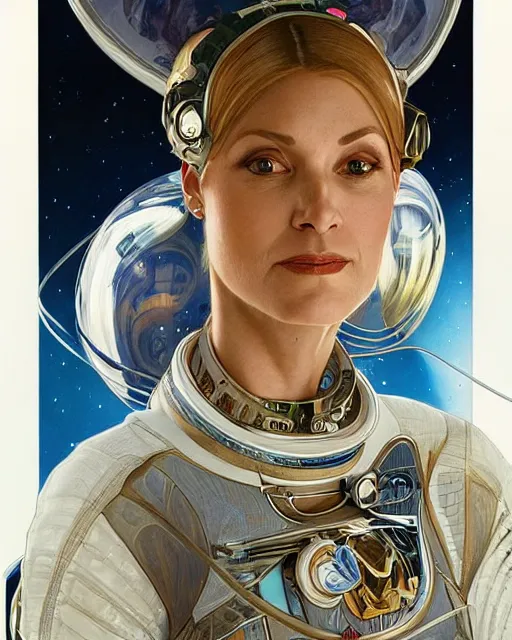 Image similar to portrait of actress Krys Marshall wearing a space suit, intricate, elegant, highly detailed, centered, digital painting, artstation, concept art, smooth, sharp focus, illustration, art by android jones and donato giancola and alphonse mucha