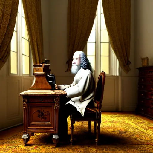 Prompt: An extremely detailed render of a 200 years old man with very old clothes, sitting at his Louis XIV desk, with very old curtains in the room, very old room. The very very very old man has a 1880 phone on his desk. Dust in the air, god rays, raytracing shadows, ambient occlusion, 8K, RTX 3090, trending on artstation, lumens