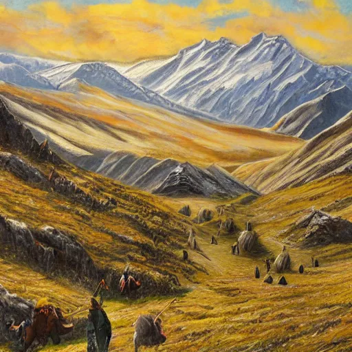 Image similar to painting lord of the rings landscape, edoras