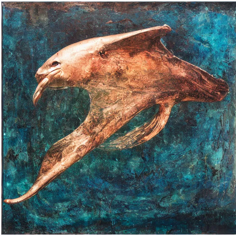 Image similar to Hyperrealistic Studio wet collodion Photograph portrait of a deep sea pelican Eel deep underwater in darkness, award-winning nature deep sea expressionistic impasto oil painting by Cy Twombly and Tim Hawkinson vivid colors hyperrealism 8k