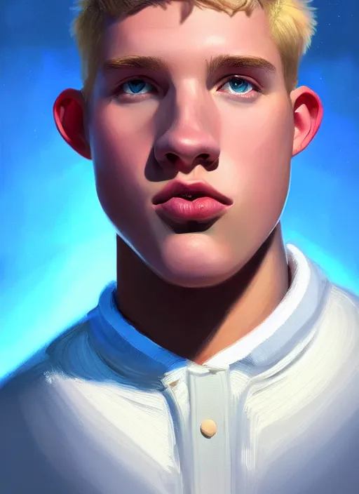 Image similar to portrait of high school senior boy named big moose, blonde short hair, jock, beefy, wide face, square jaw, square facial structure, blue varsity jacket with letter r, intricate, elegant, glowing lights, highly detailed, digital painting, artstation, concept art, sharp focus, illustration, art by wlop, mars ravelo and greg rutkowski