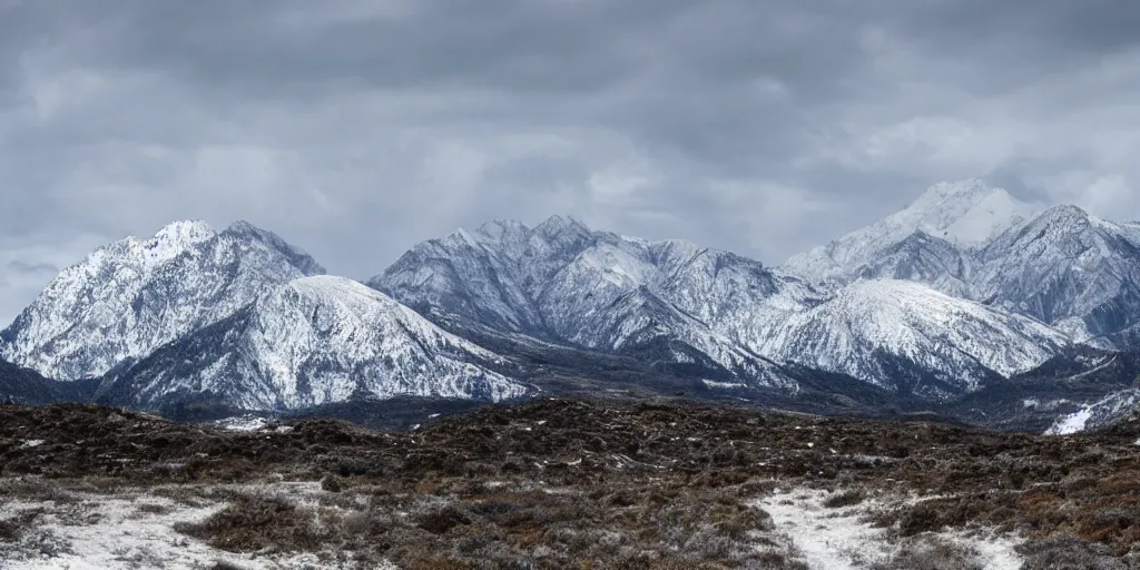 Image similar to spare parts, snowy mountains at background, realistic, 8 k