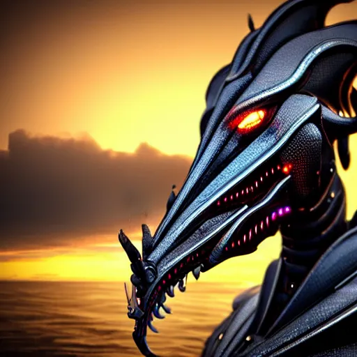 Image similar to close up bust shot, realistic detailed stunning beautiful armored anthropomorphic humanoid female robot dragon, doing an elegant pose, looking to the side, sleek streamlined armor and design made of steel, sharp claws and sharp teeth, Slick LEDs, standing on two legs, on the beach during sunset, high quality, cinematic art, sunset lighting, artstation, deviantart, furaffinity