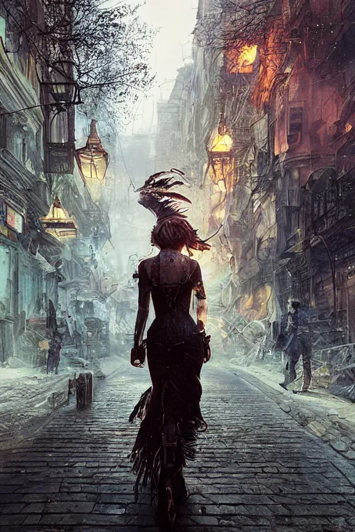 Image similar to a fancy portrait of Jenifer Lawrence walking down the street of a steampunk city by Greg Rutkowski, Sung Choi, Mitchell Mohrhauser, Maciej Kuciara, Johnson Ting, Maxim Verehin, Peter Konig, final fantasy , mythical, 8k photorealistic, cinematic lighting, HD, high details, atmospheric,