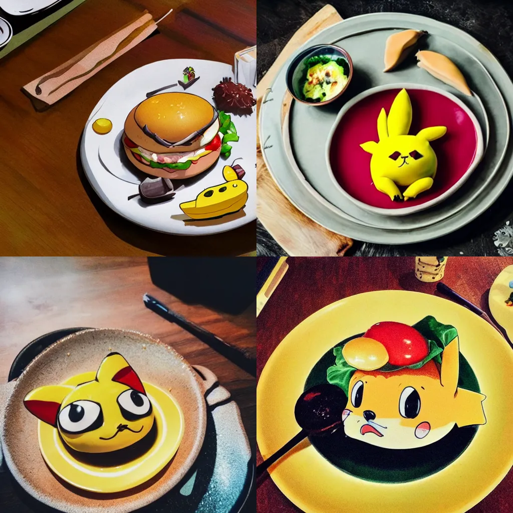 Prompt: a shot of a beautiful delicious plate of food, a hand crafted chef artisan pikachu hamburger, amazing food illustration, chef table, in style of studio ghibli, miyazaki, anime