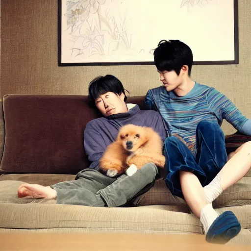 Image similar to cinematic shot of yoon suk - yeol and a cute puppy smoking weed together on a couch, 8 k, intricate, detailed,