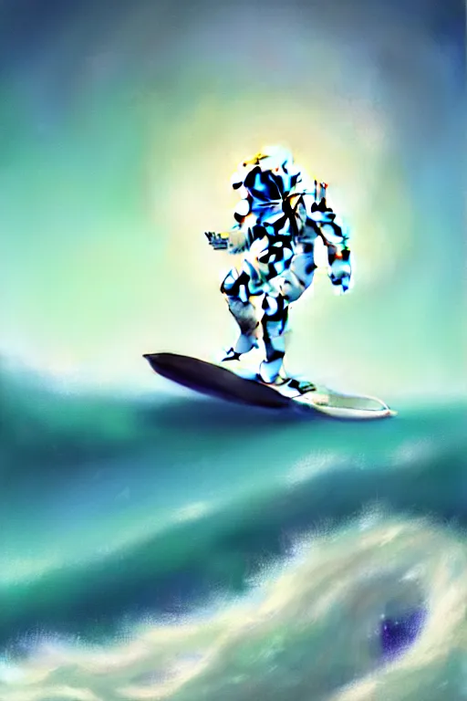 Image similar to a beautiful digital painting of an astronaut in a white space suit surfing the great wave on a surfboard by greg rutkowski, photorealistic, trending on artstation, octane render