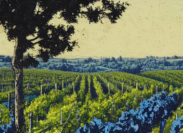 Image similar to blue woodcut vineyard landscape by greg rutkowski, fine details, highly detailed