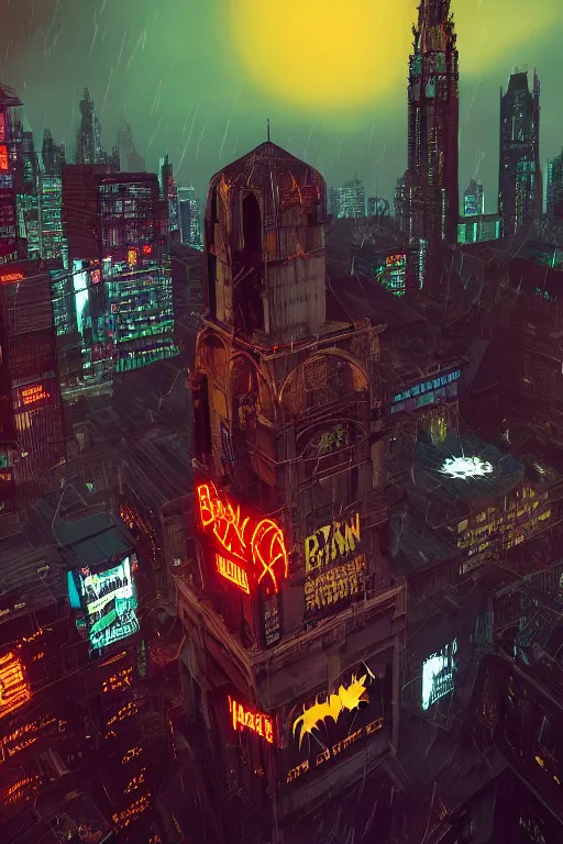 Image similar to Batman. Neon cyberpunk church roof. Сoncept art, Dan Mumford, Greg Rutkowski, Quixel Megascans, octane render, 16k, 8k, photoillustration, RTX