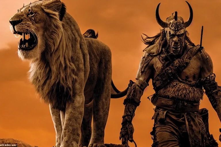 Image similar to scar ( from the lion king ), heavily armed and armored facing down armageddon in a dark and gritty version from the makers of mad max : fury road : witness me