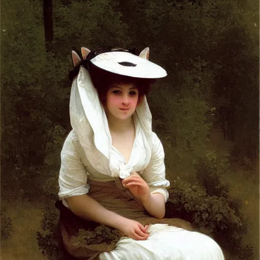 Prompt: An anthropomorphic fox woman wearing a white sunbonnet, portrait by Robert Cleminson and William-Adolphe Bouguereau