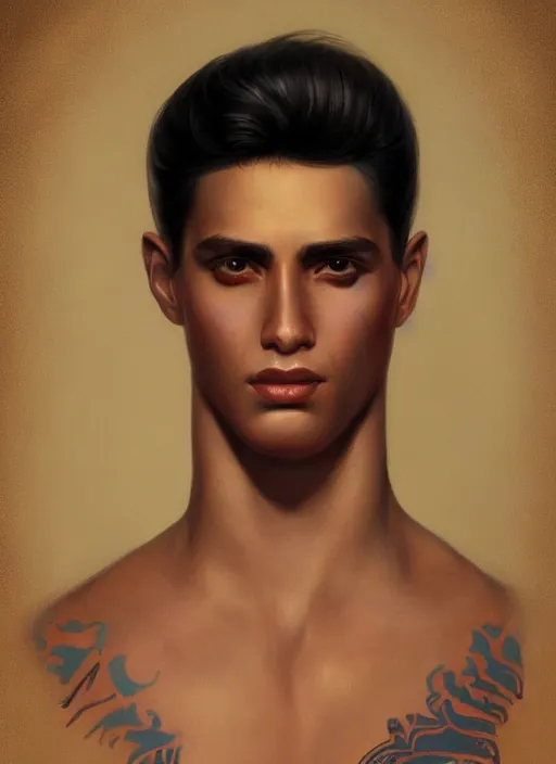 Image similar to magic realism portrait of a handsome young latino gang member in san diego, art by manuel sanjulian and tom bagshaw and boris vallejo, hyperrealism, artstation